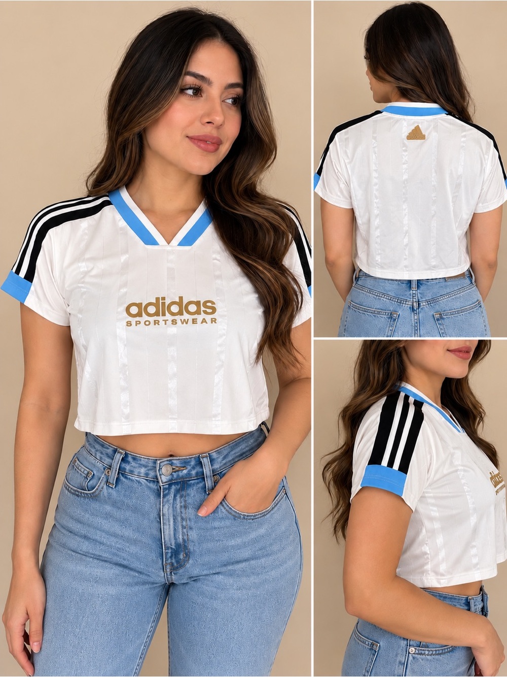 adidas White Cropped V‑Neck Tee with Gold Logo and Blue Trim